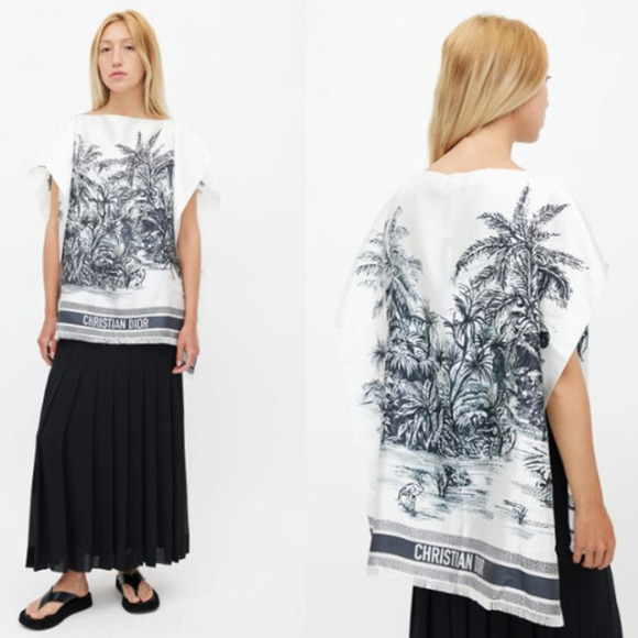 NWT Dior Capes Toile De Jouy Silk Palm Poncho Top Blue Women's Size U/ US 10 - Picture 1 of 7